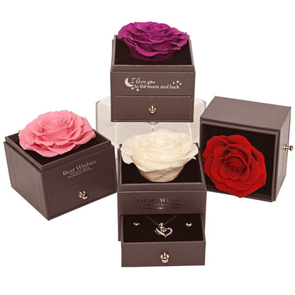 Real Preserved Rose Box with I Love You Necklace with Earrings Jewelry Set