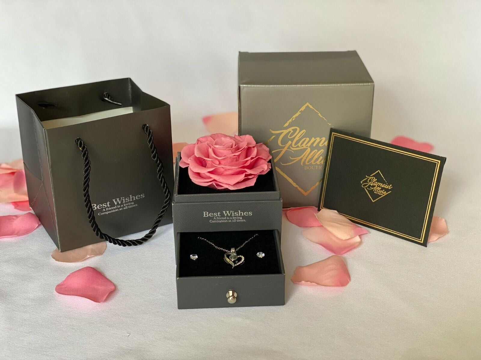 Real Preserved Rose Box with I Love You Necklace with Earrings Jewelry Set