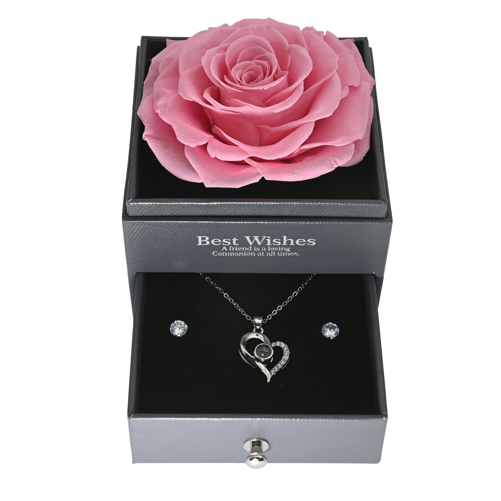 Real Preserved Rose Box with I Love You Necklace with Earrings Jewelry Set