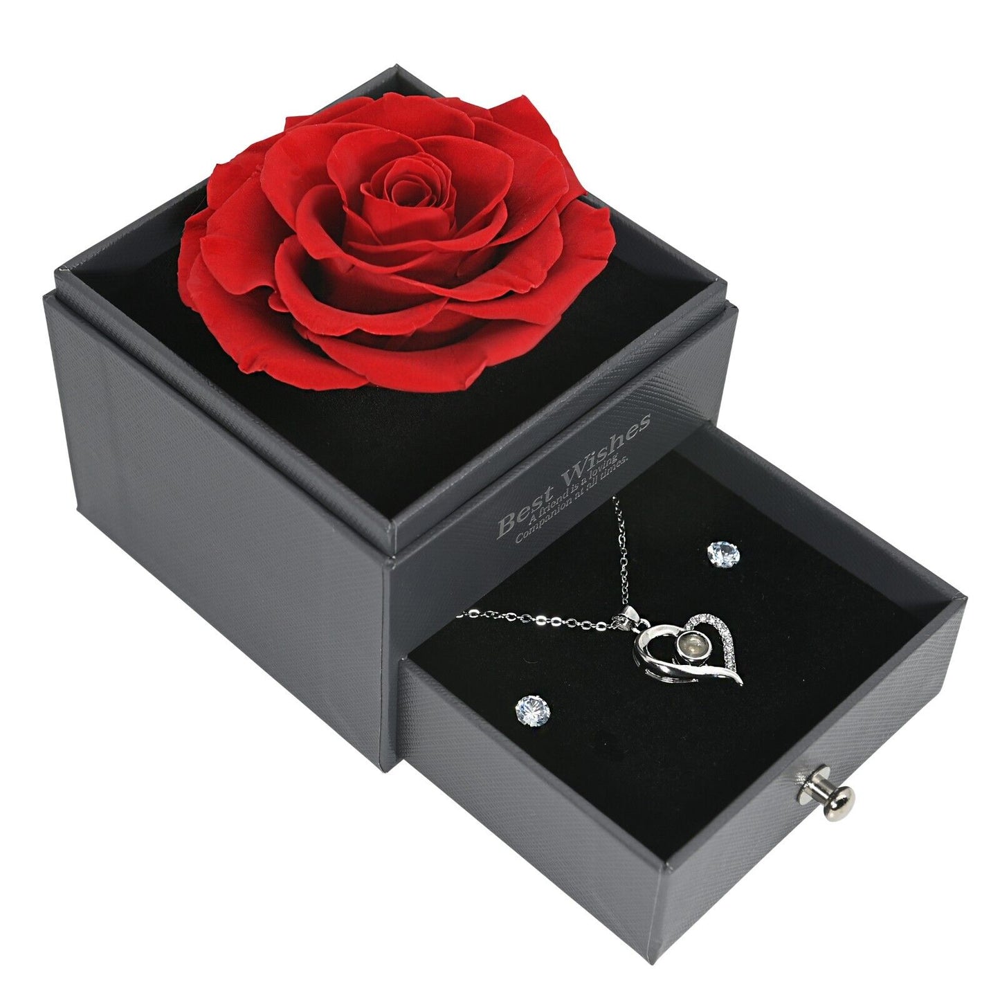 Real Preserved Rose Box with I Love You Necklace with Earrings Jewelry Set