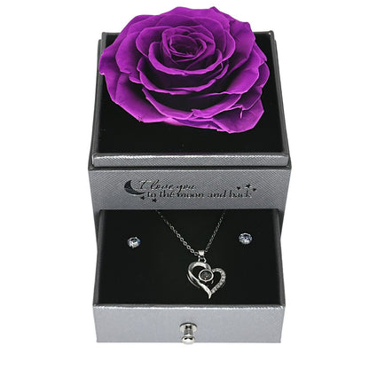 Real Preserved Rose Box with I Love You Necklace with Earrings Jewelry Set