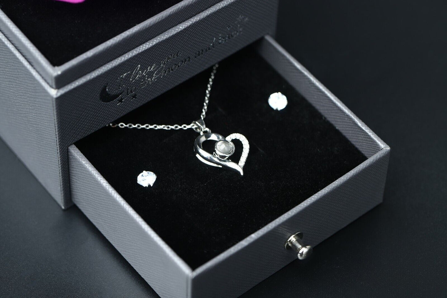 Real Preserved Rose Box with I Love You Necklace with Earrings Jewelry Set