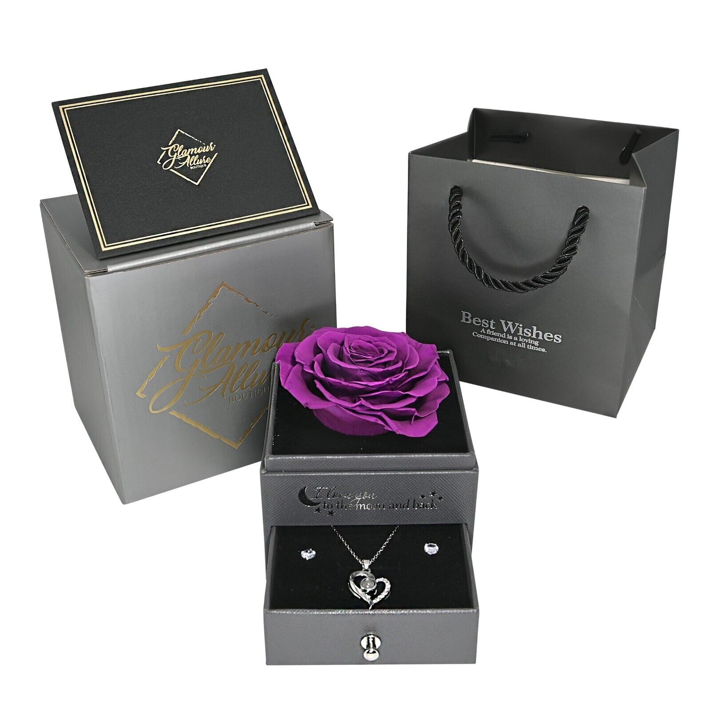 Real Preserved Rose Box with I Love You Necklace with Earrings Jewelry Set