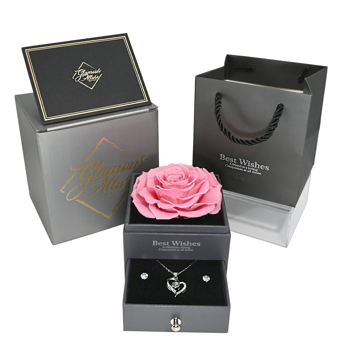 Real Preserved Rose Box with I Love You Necklace with Earrings Jewelry Set