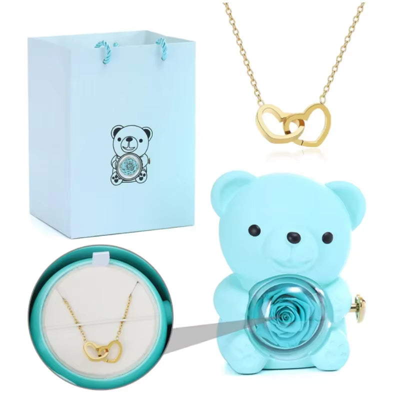 Birthday Rose Bear Gift Eternal Rose Bear Jewelry Necklace Gift Box for Wife, Girlfriend, Grandma