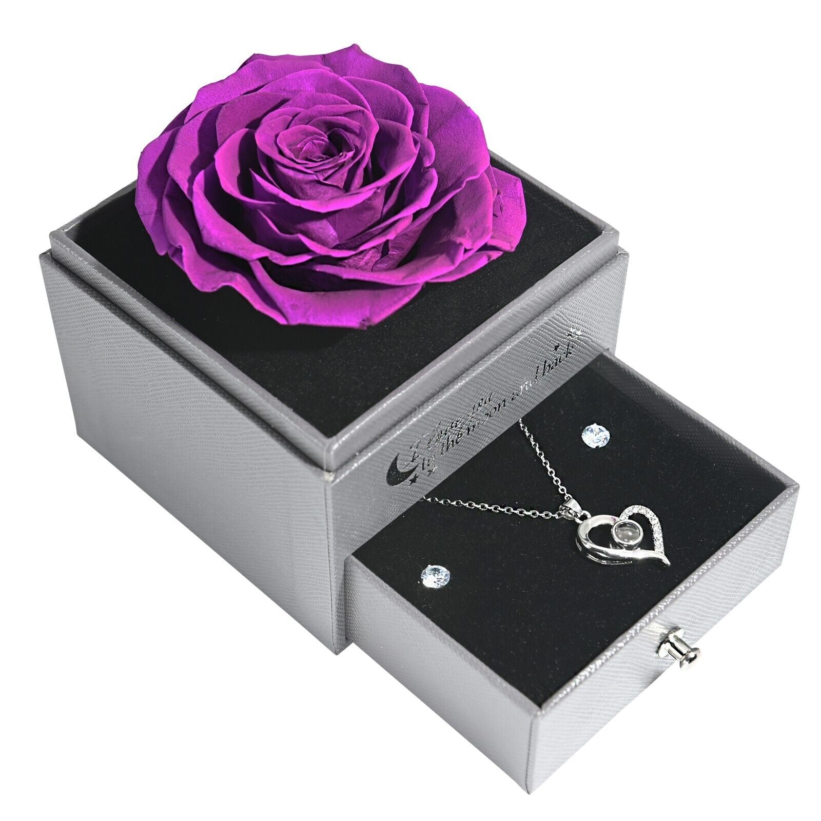 Real Preserved Rose Box with I Love You Necklace with Earrings Jewelry Set