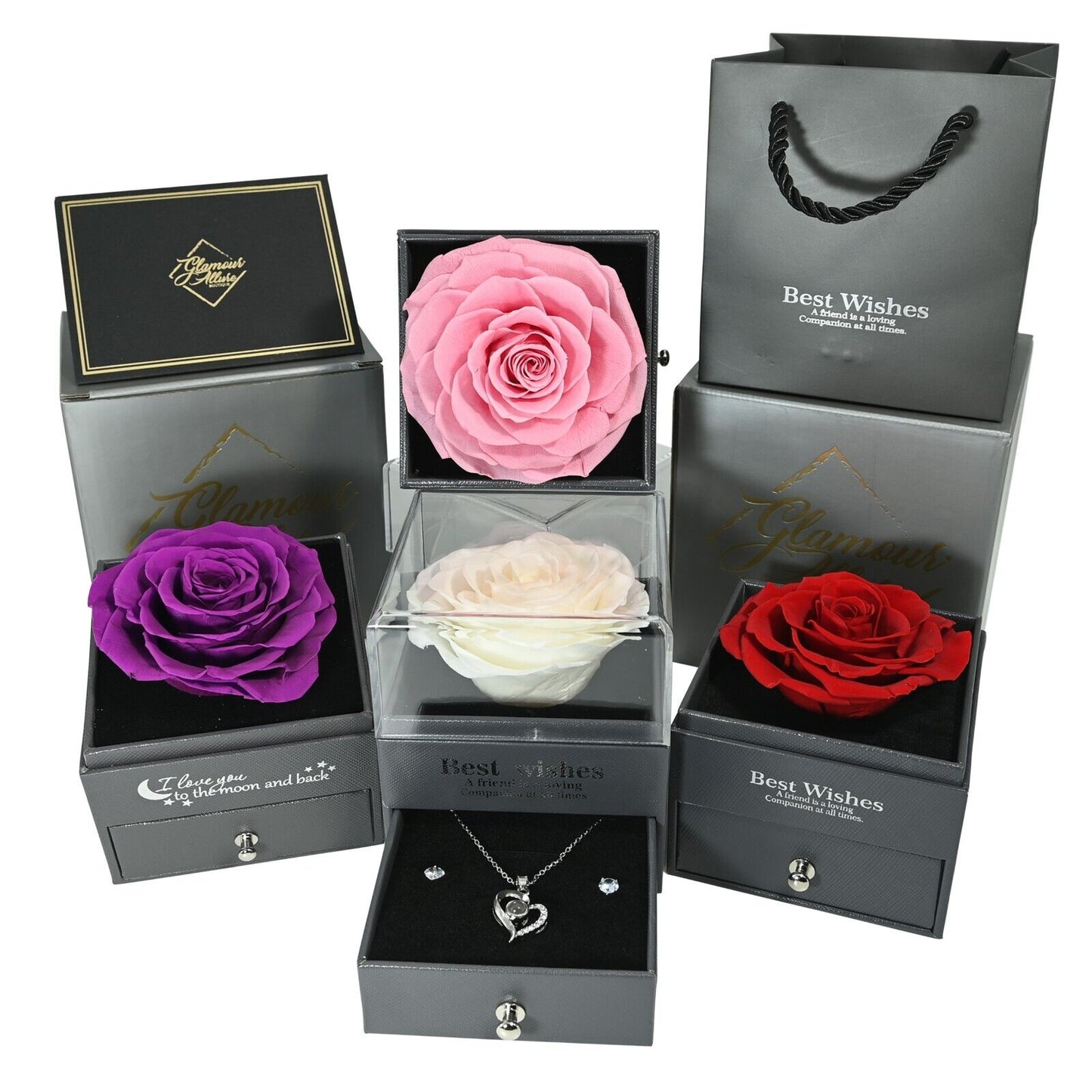 Real Preserved Rose Box with I Love You Necklace with Earrings Jewelry Set