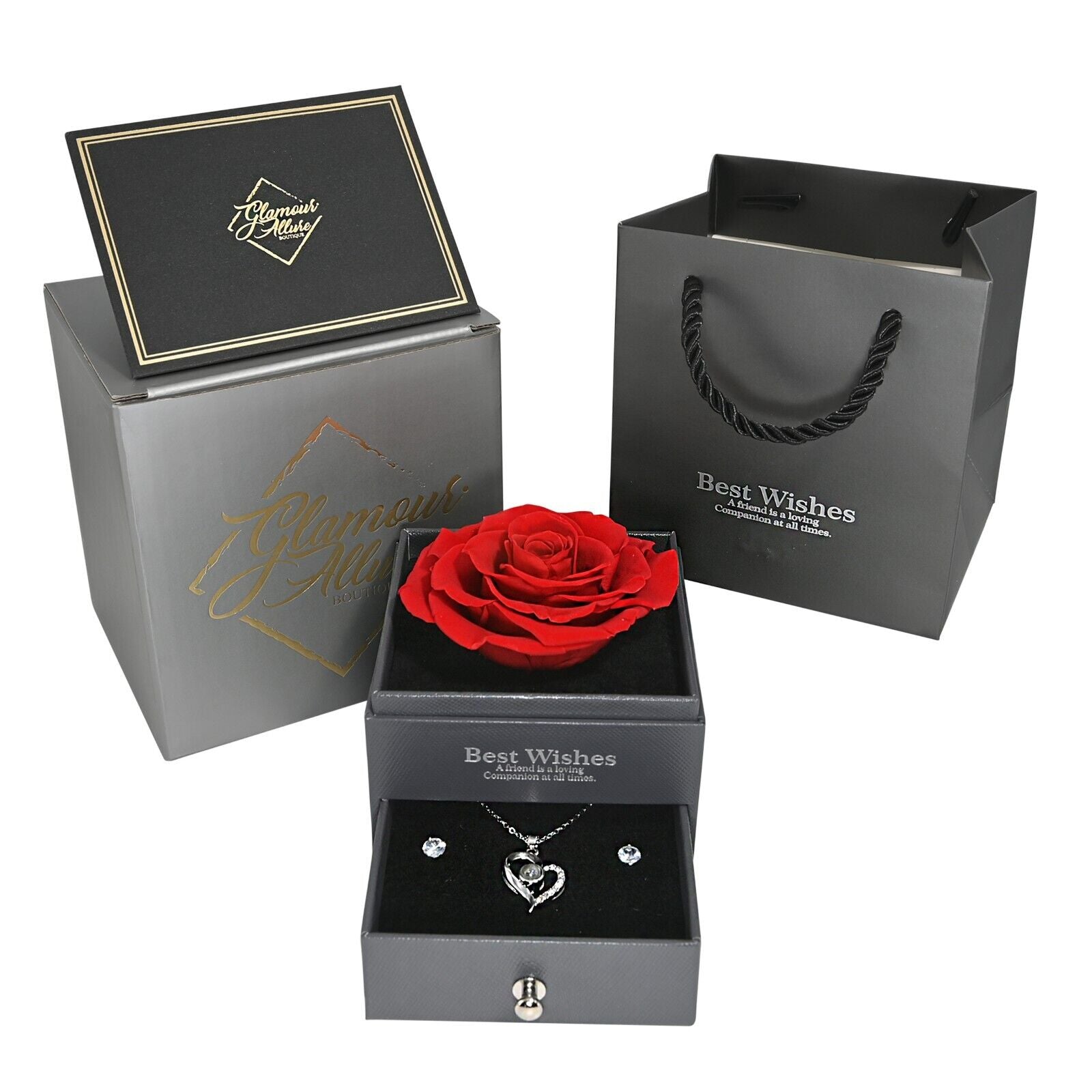 Real Preserved Rose Box with I Love You Necklace with Earrings Jewelry Set