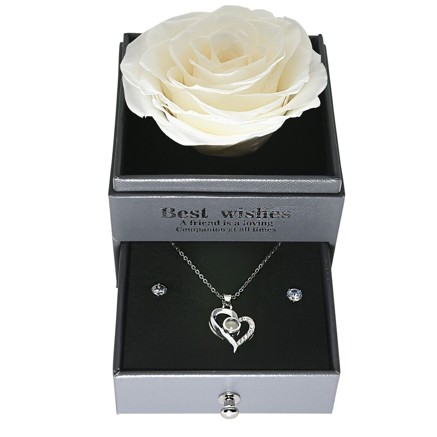 Real Preserved Rose Box with I Love You Necklace with Earrings Jewelry Set