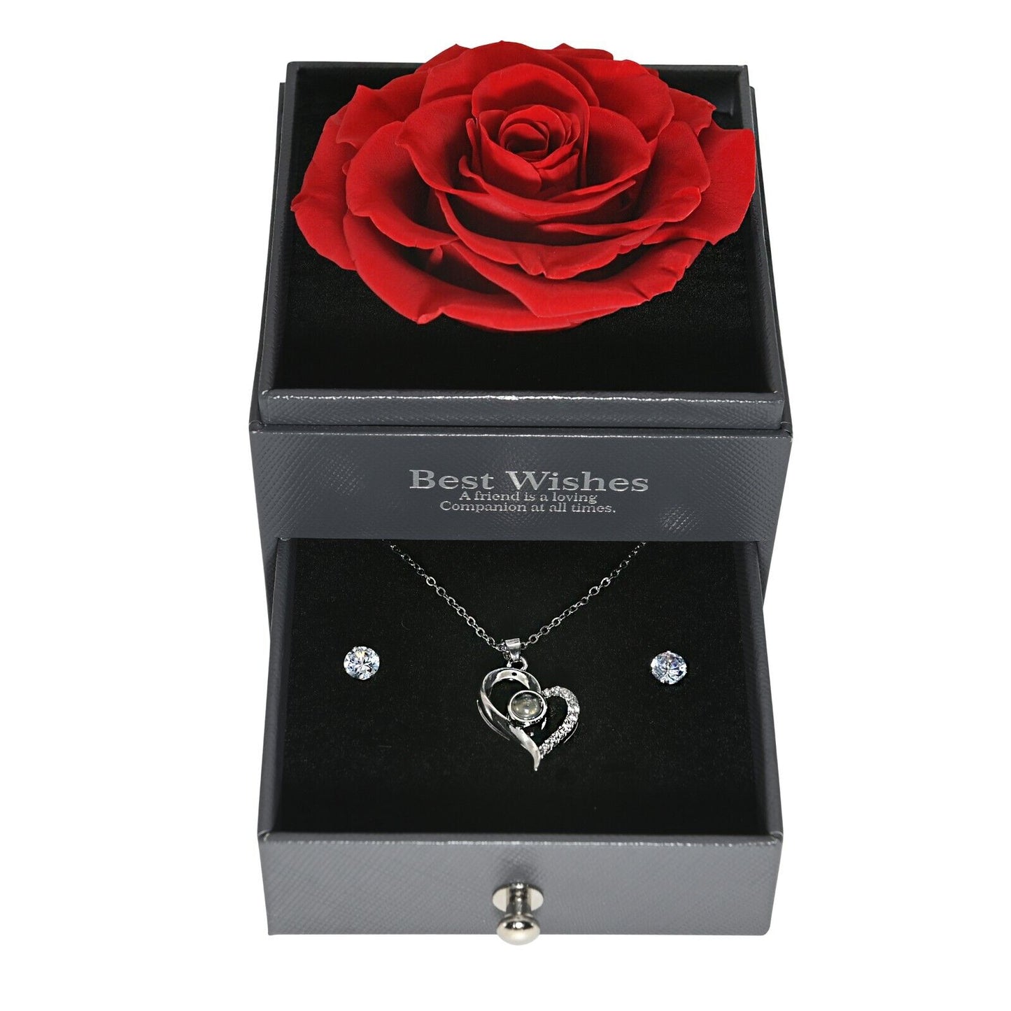 Real Preserved Rose Box with I Love You Necklace with Earrings Jewelry Set