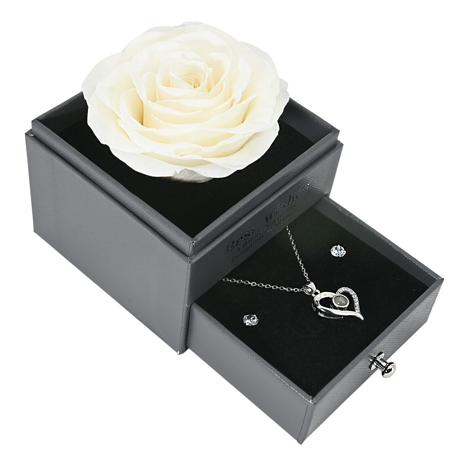 Real Preserved Rose Box with I Love You Necklace with Earrings Jewelry Set