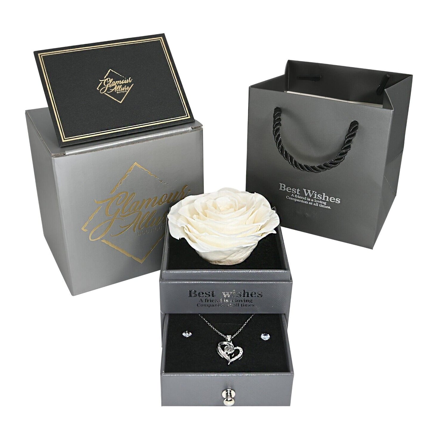 Real Preserved Rose Box with I Love You Necklace with Earrings Jewelry Set