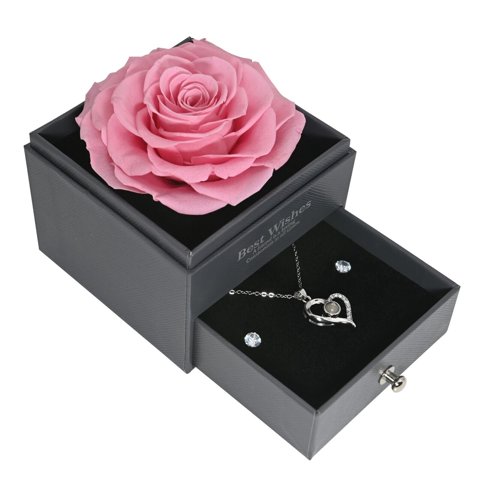 Real Preserved Rose Box with I Love You Necklace with Earrings Jewelry Set